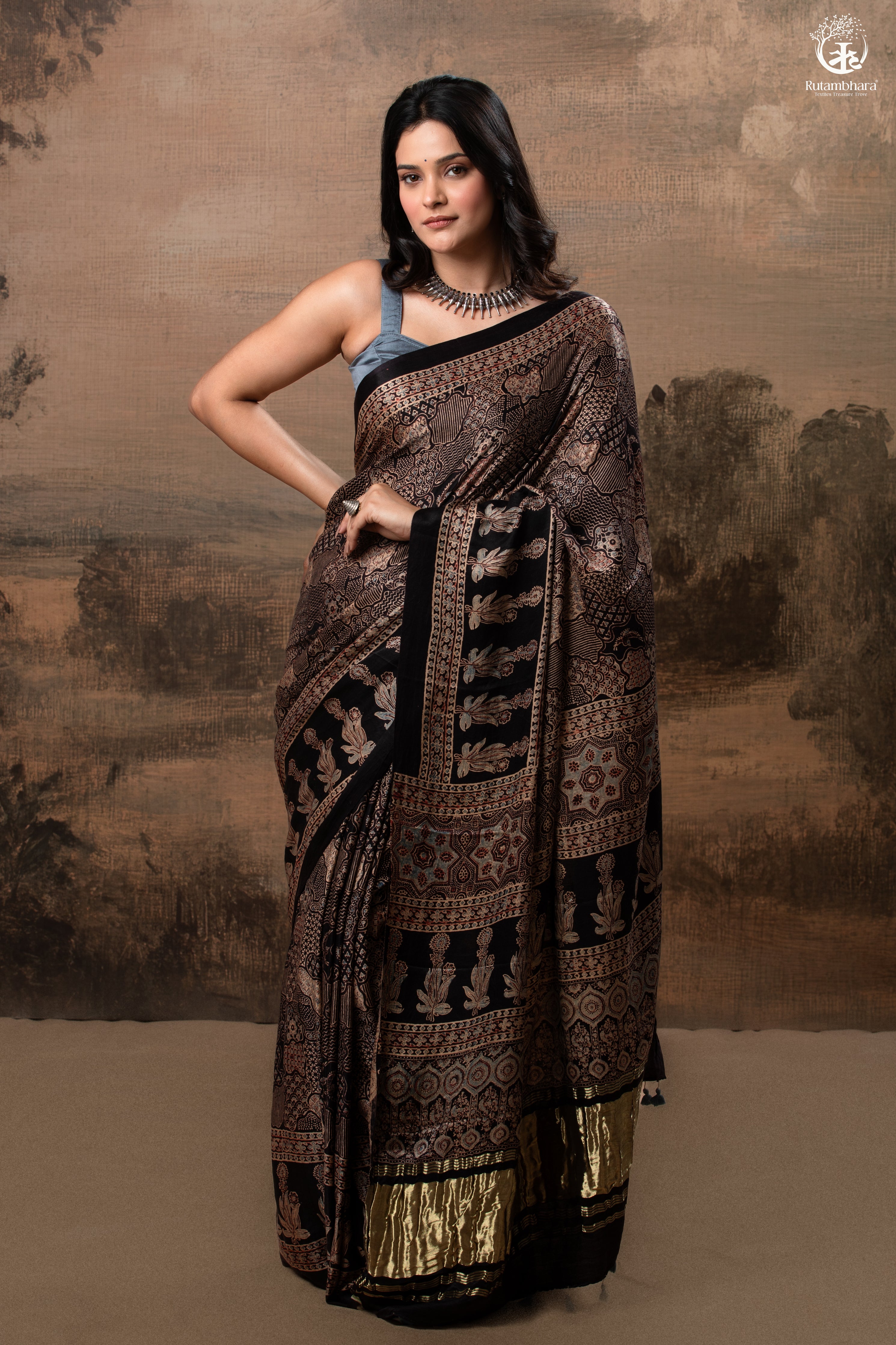 Ushraa - Ajrakh Hand Block Printed Black Modal Silk Saree With Gold Zari Border