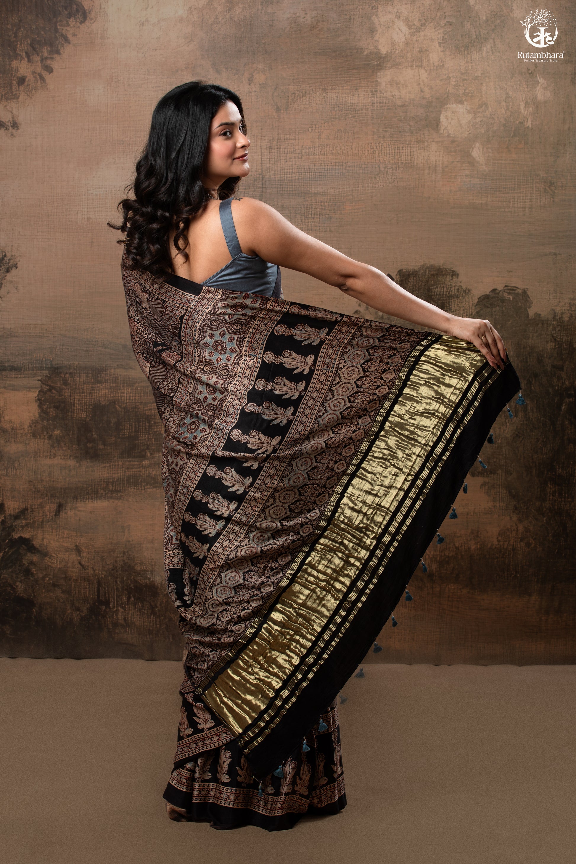 Ushraa - Ajrakh Hand Block Printed Black Modal Silk Saree With Gold Zari Border-RUTAMBHARA-RUTAMBHARA