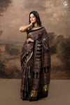 Ushraa - Ajrakh Hand Block Printed Black Modal Silk Saree With Gold Zari Border