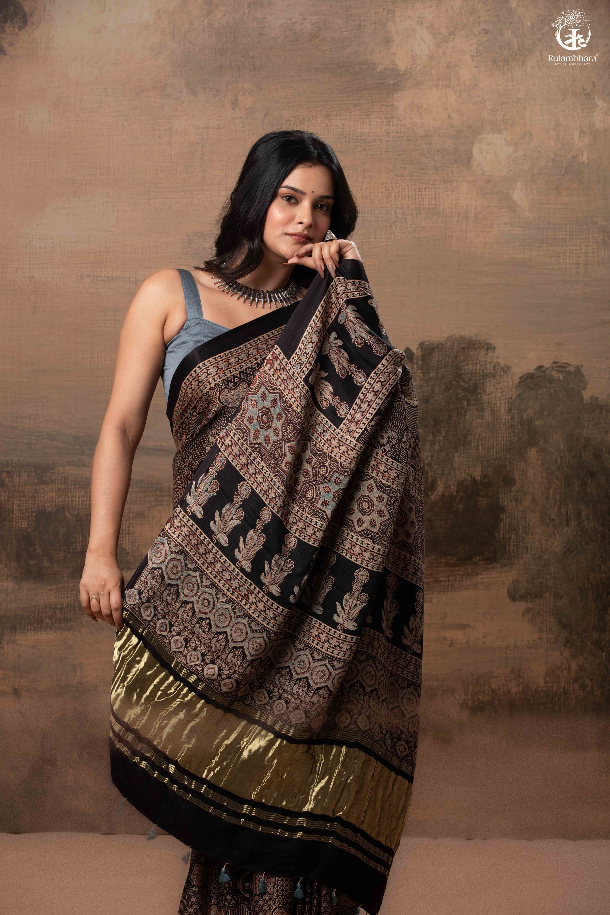 Ushraa - Ajrakh Hand Block Printed Black Modal Silk Saree With Gold Zari Border-RUTAMBHARA-RUTAMBHARA