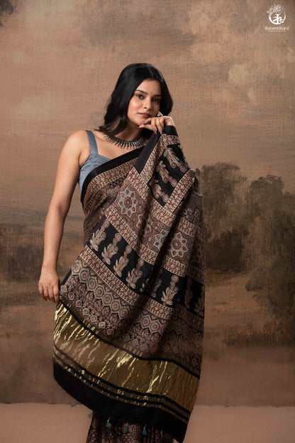 Ushraa - Ajrakh Hand Block Printed Black Modal Silk Saree With Gold Zari Border-RUTAMBHARA-RUTAMBHARA