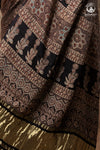 Ushraa - Ajrakh Hand Block Printed Black Modal Silk Saree With Gold Zari Border