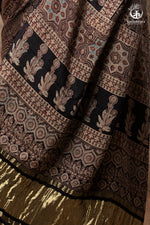 Ushraa - Ajrakh Hand Block Printed Black Modal Silk Saree With Gold Zari Border-RUTAMBHARA-RUTAMBHARA