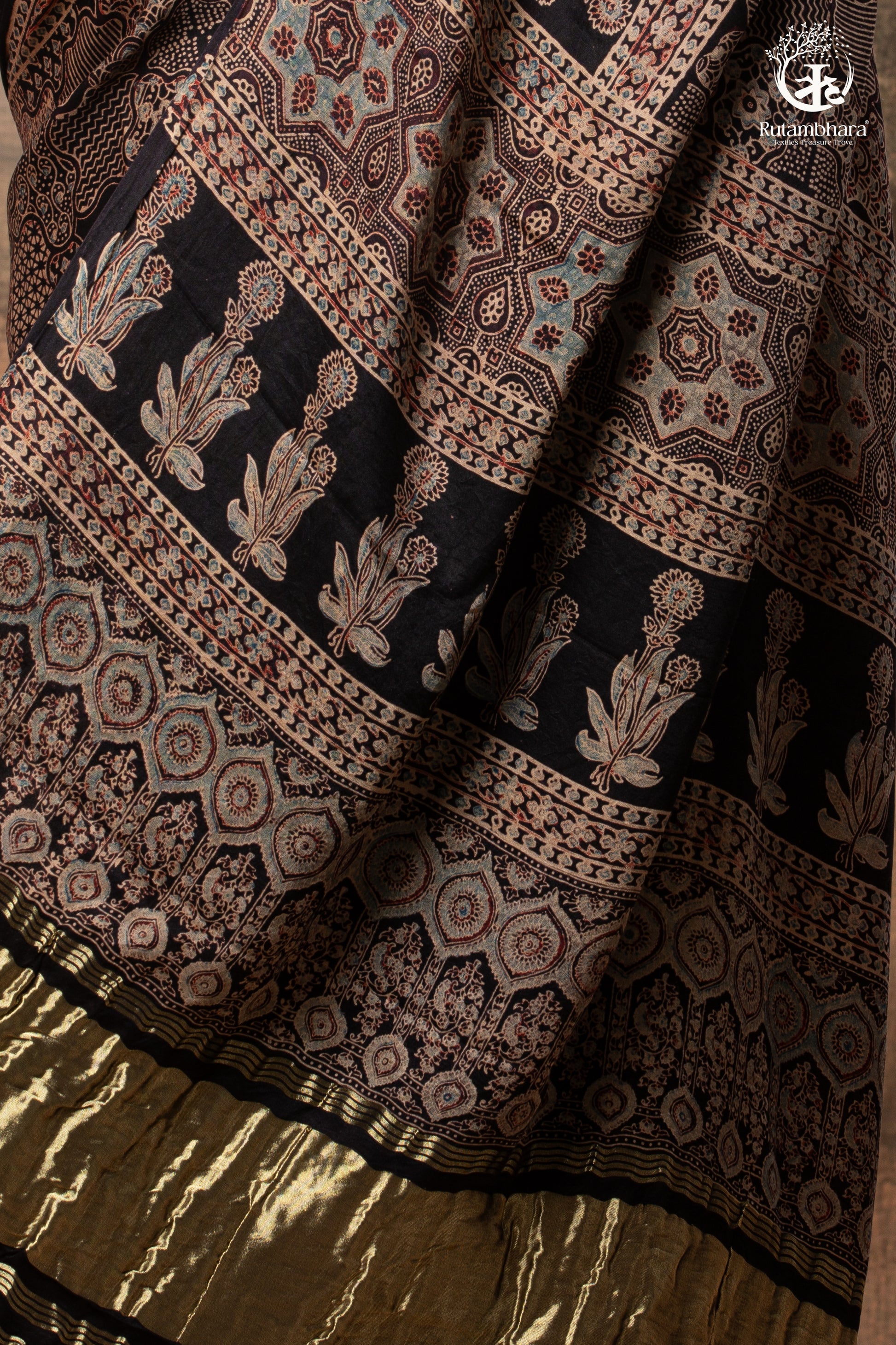 Ushraa - Ajrakh Hand Block Printed Black Modal Silk Saree With Gold Zari Border-RUTAMBHARA-RUTAMBHARA