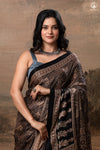 Ushraa - Ajrakh Hand Block Printed Black Modal Silk Saree With Gold Zari Border