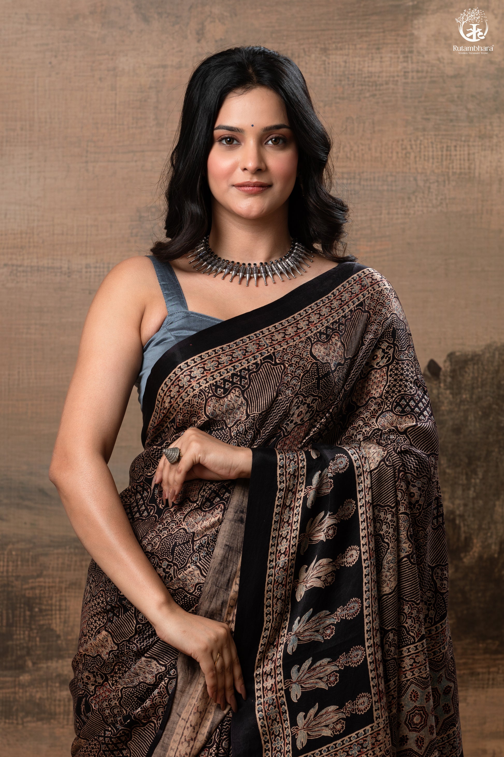 Ushraa - Ajrakh Hand Block Printed Black Modal Silk Saree With Gold Zari Border-RUTAMBHARA-RUTAMBHARA