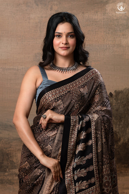 Ushraa - Ajrakh Hand Block Printed Black Modal Silk Saree With Gold Zari Border-RUTAMBHARA-RUTAMBHARA