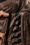Ushraa - Ajrakh Hand Block Printed Black Modal Silk Saree With Gold Zari Border