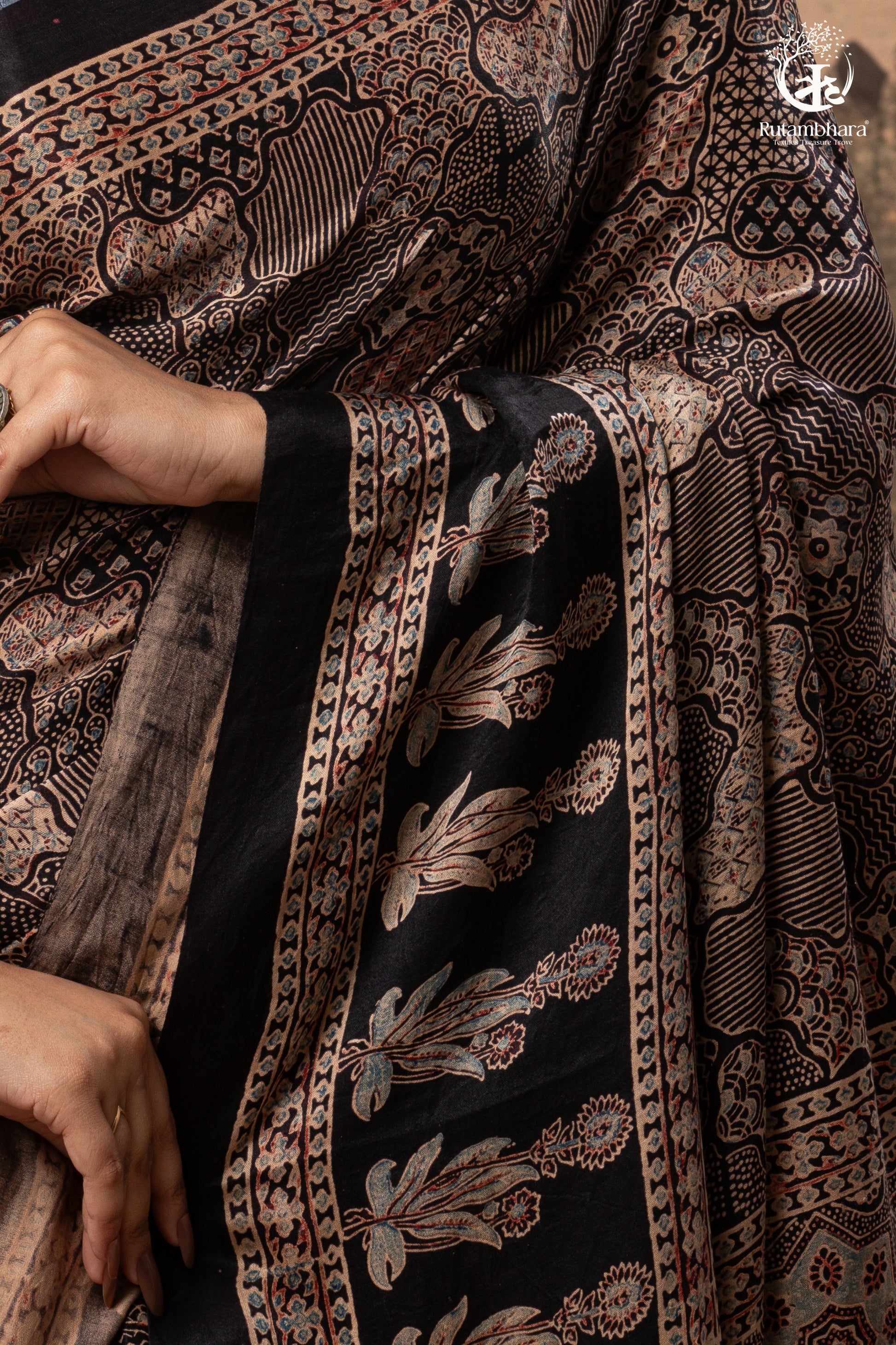 Ushraa - Ajrakh Hand Block Printed Black Modal Silk Saree With Gold Zari Border-RUTAMBHARA-RUTAMBHARA