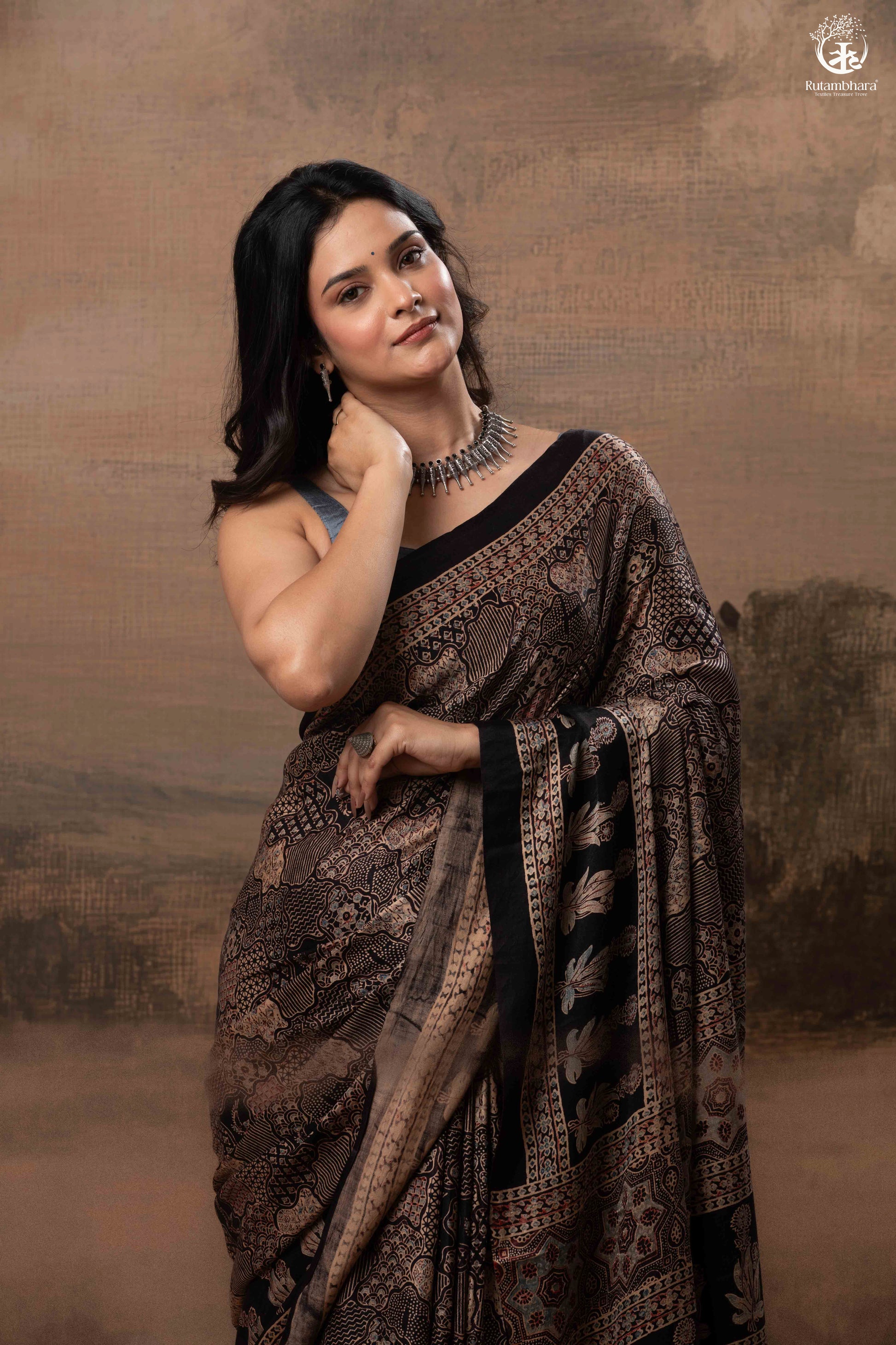 Ushraa - Ajrakh Hand Block Printed Black Modal Silk Saree With Gold Zari Border-RUTAMBHARA-RUTAMBHARA