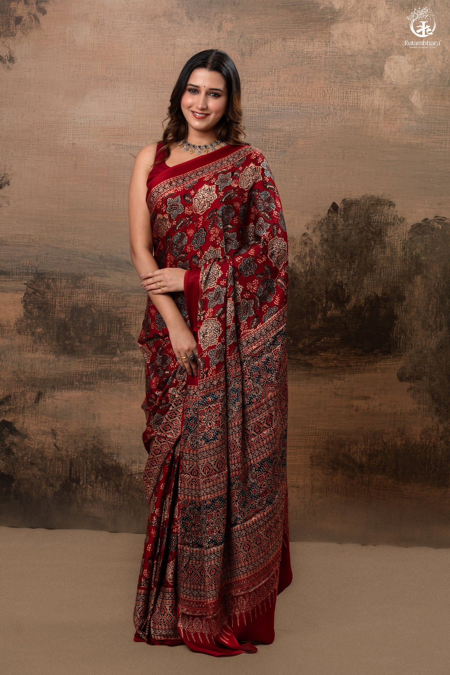 Ushraa - Regal Deep Red Maroon Ajrakh Elegance in Modal Silk