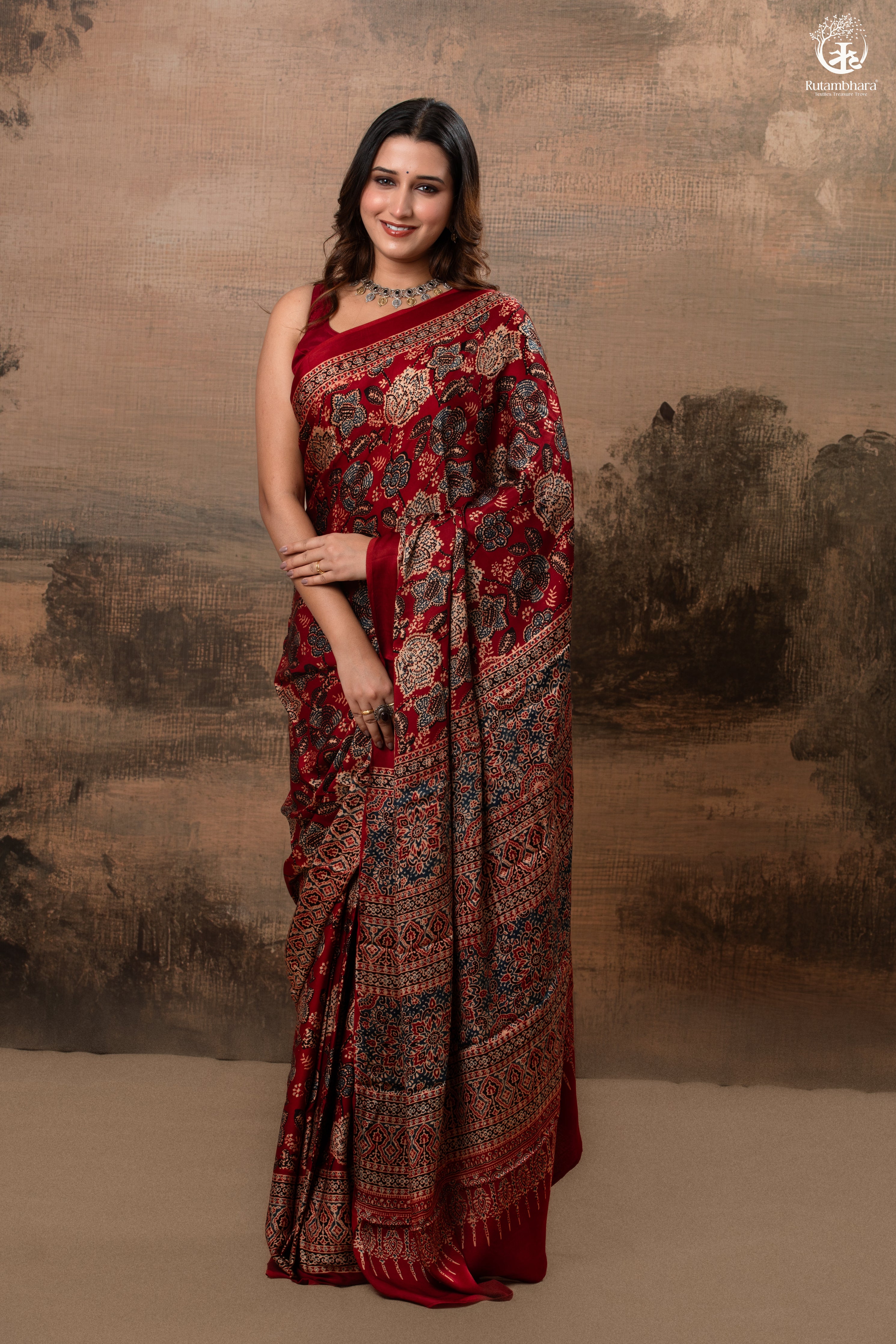 Ushraa - Regal Deep Red Maroon Ajrakh Elegance in Modal Silk