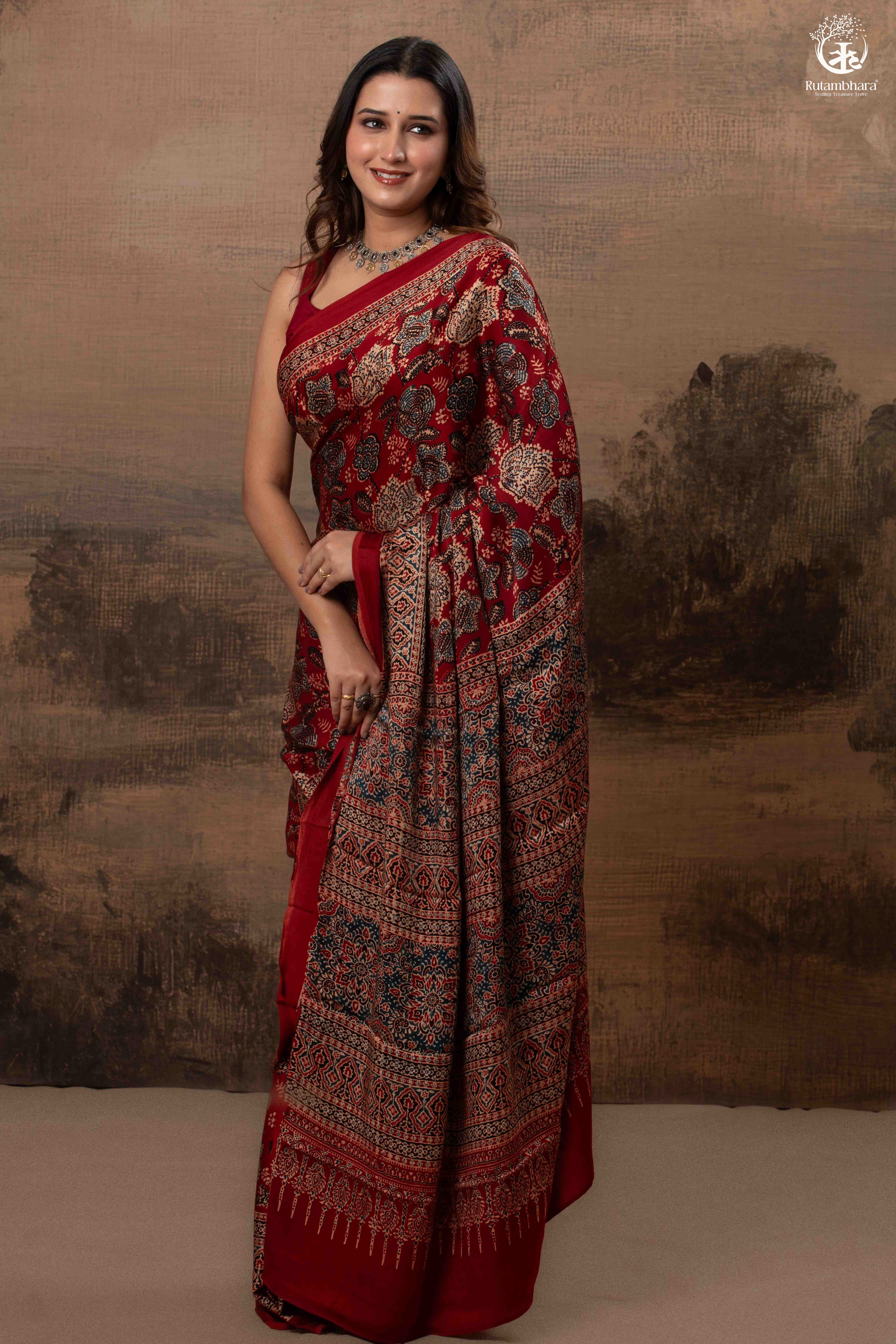 Ushraa - Regal Deep Red Maroon Ajrakh Elegance in Modal Silk