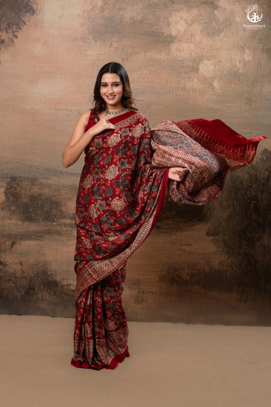 Ushraa - Regal Deep Red Maroon Ajrakh Elegance in Modal Silk