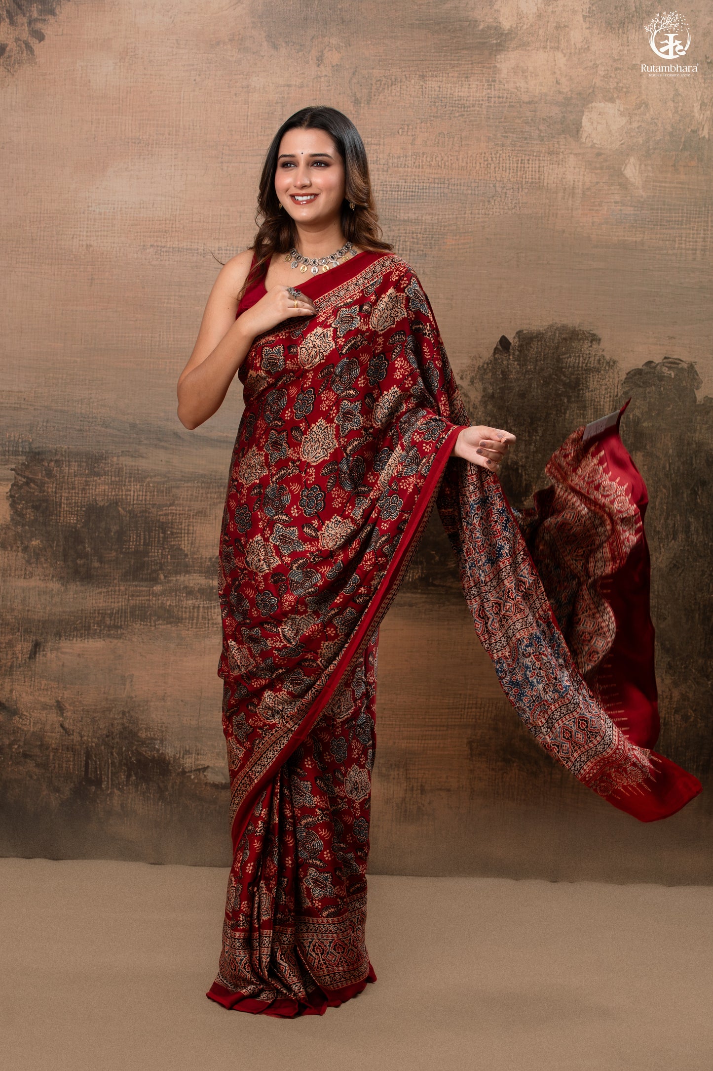 Ushraa - Regal Deep Red Maroon Ajrakh Elegance in Modal Silk