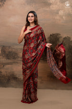 Ushraa - Regal Deep Red Maroon Ajrakh Elegance in Modal Silk-RUTAMBHARA-RUTAMBHARA