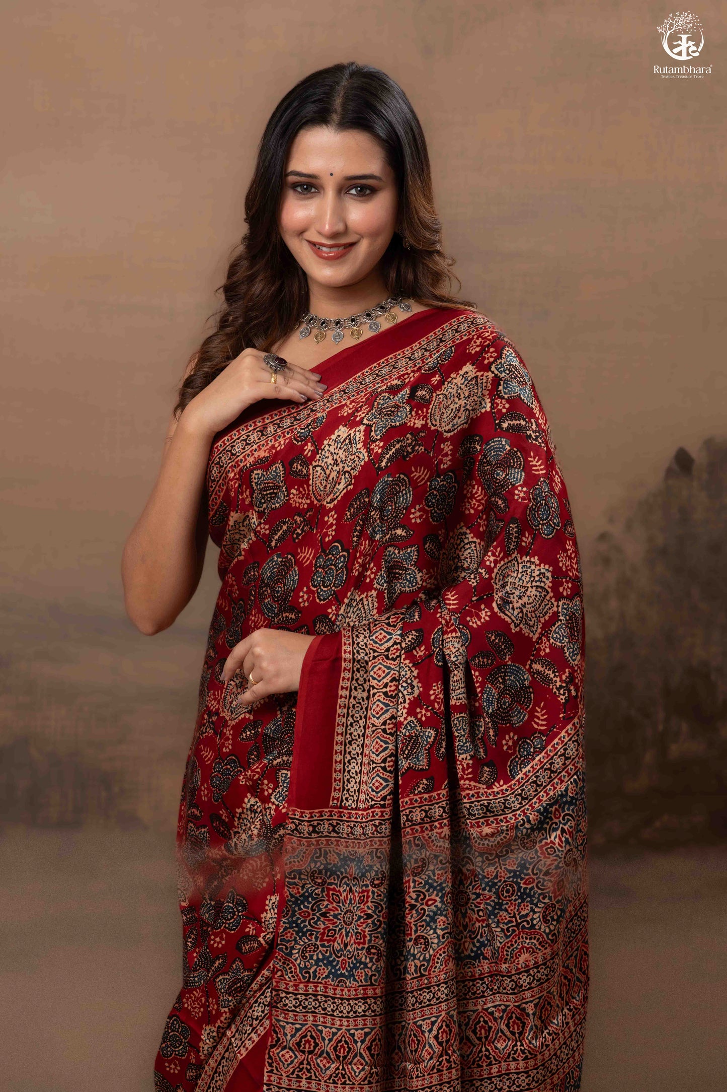 Ushraa - Regal Deep Red Maroon Ajrakh Elegance in Modal Silk