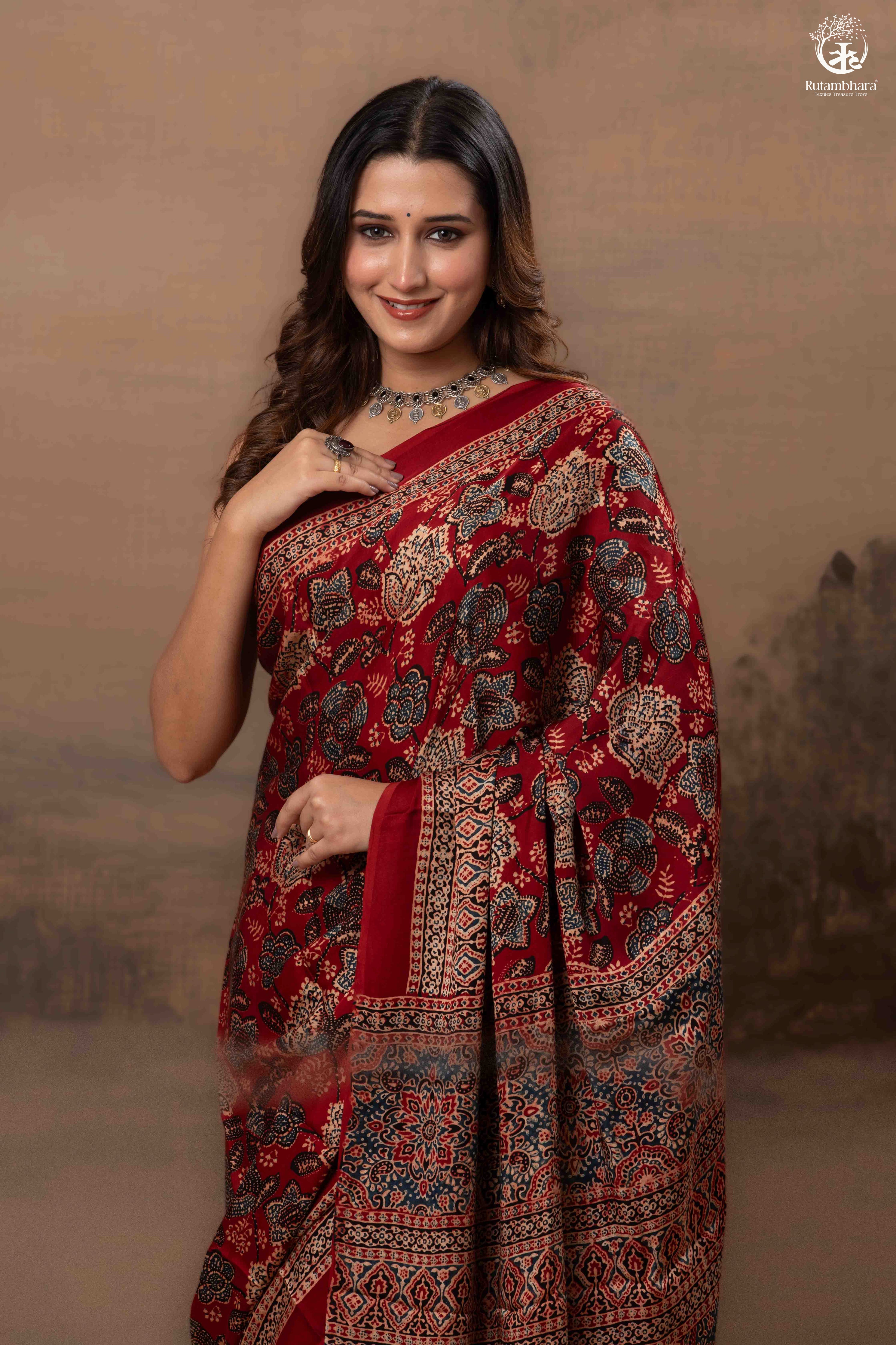 Ushraa - Regal Deep Red Maroon Ajrakh Elegance in Modal Silk
