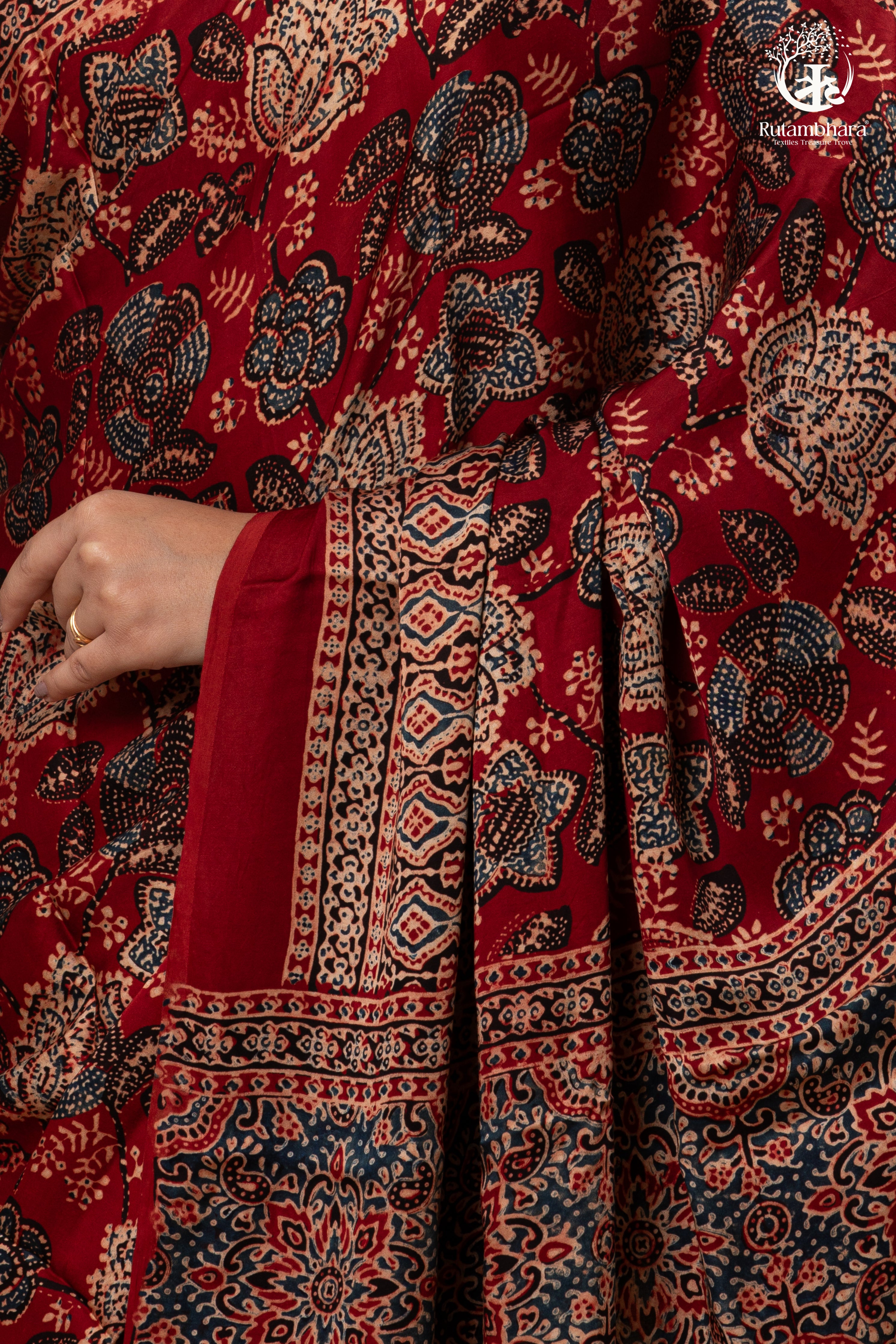 Ushraa - Regal Deep Red Maroon Ajrakh Elegance in Modal Silk