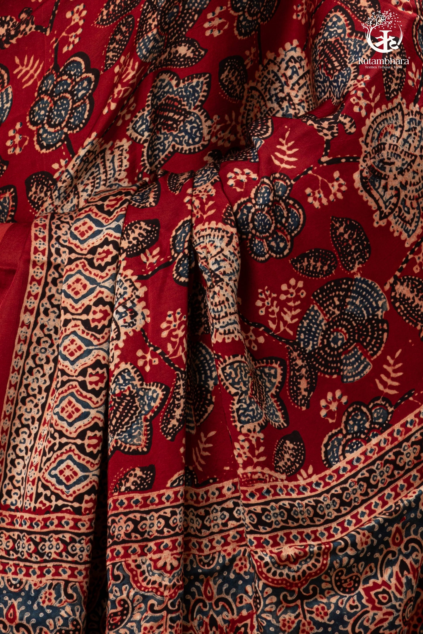 Ushraa - Regal Deep Red Maroon Ajrakh Elegance in Modal Silk