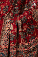 Ushraa - Regal Deep Red Maroon Ajrakh Elegance in Modal Silk-RUTAMBHARA-RUTAMBHARA