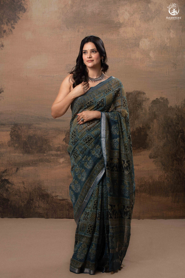Ushraa - Mystic Teal Blue Ajrakh Charm in Cotton Silk With Zari Border-RUTAMBHARA-RUTAMBHARA