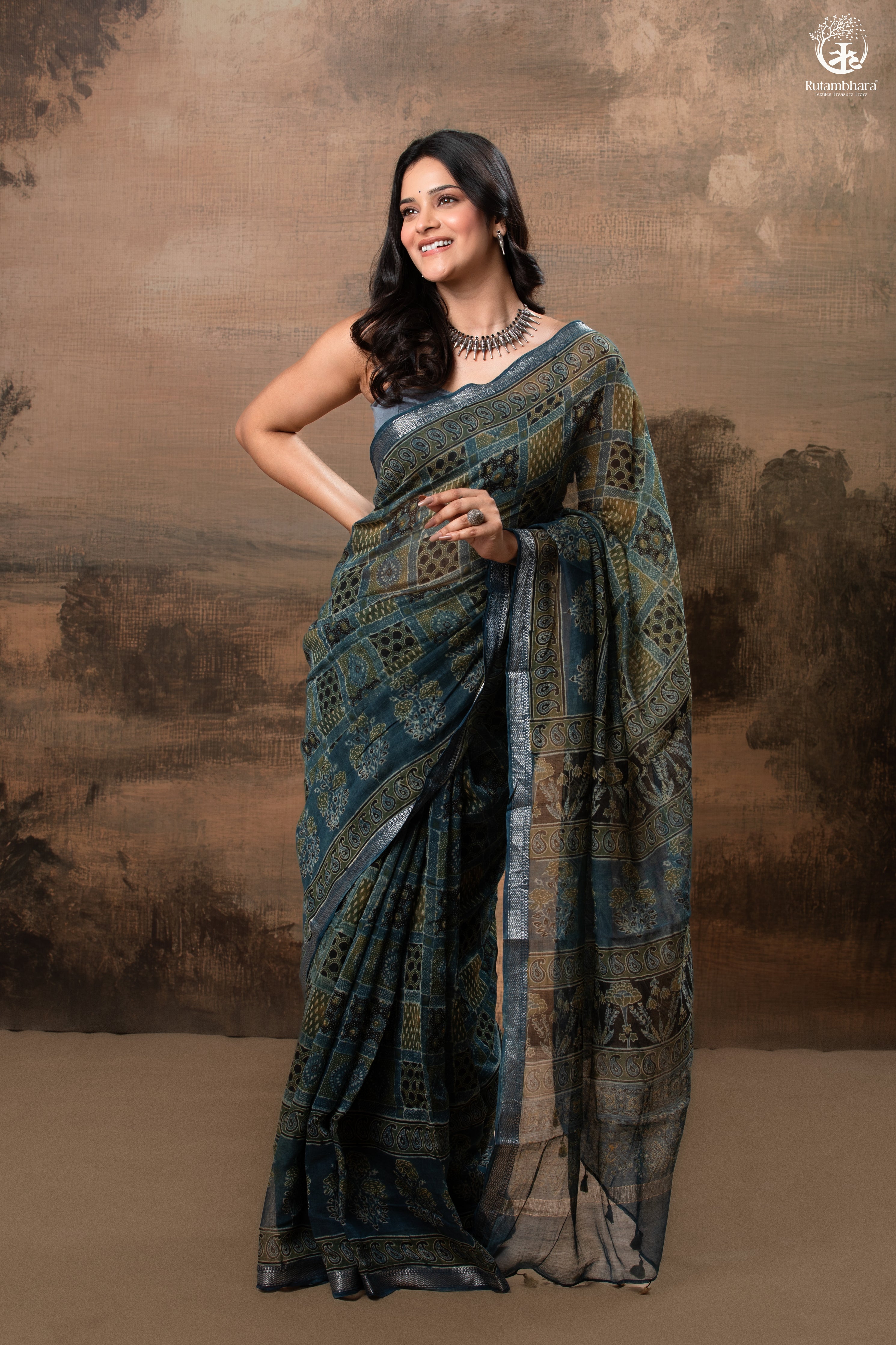Ushraa - Mystic Teal Blue Ajrakh Charm in Cotton Silk With Zari Border