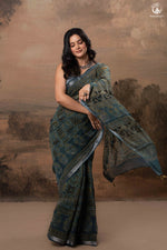 Ushraa - Mystic Teal Blue Ajrakh Charm in Cotton Silk With Zari Border-RUTAMBHARA-RUTAMBHARA
