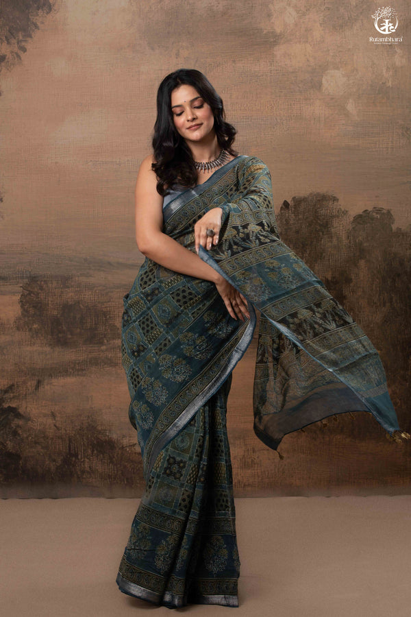 Ushraa - Mystic Teal Blue Ajrakh Charm in Cotton Silk With Zari Border-RUTAMBHARA-RUTAMBHARA