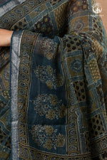 Ushraa - Mystic Teal Blue Ajrakh Charm in Cotton Silk With Zari Border-RUTAMBHARA-RUTAMBHARA