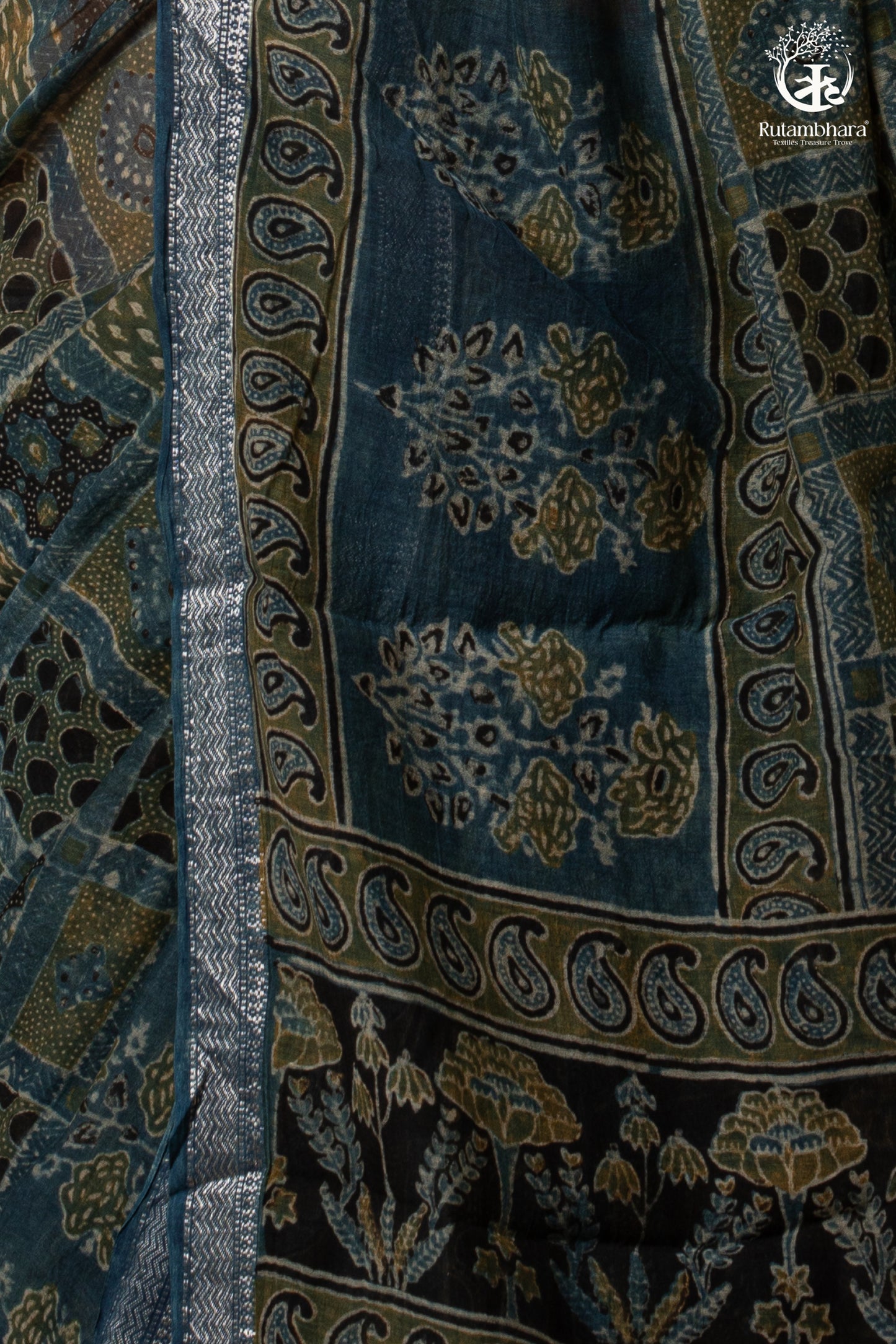 Ushraa - Mystic Teal Blue Ajrakh Charm in Cotton Silk With Zari Border