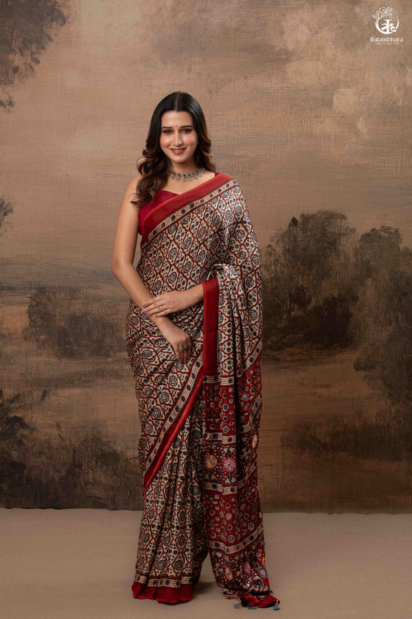 Ushraa - Deep Red Ajrakh Modal Silk Saree With Hand-Embroidered Pallu-RUTAMBHARA-RUTAMBHARA