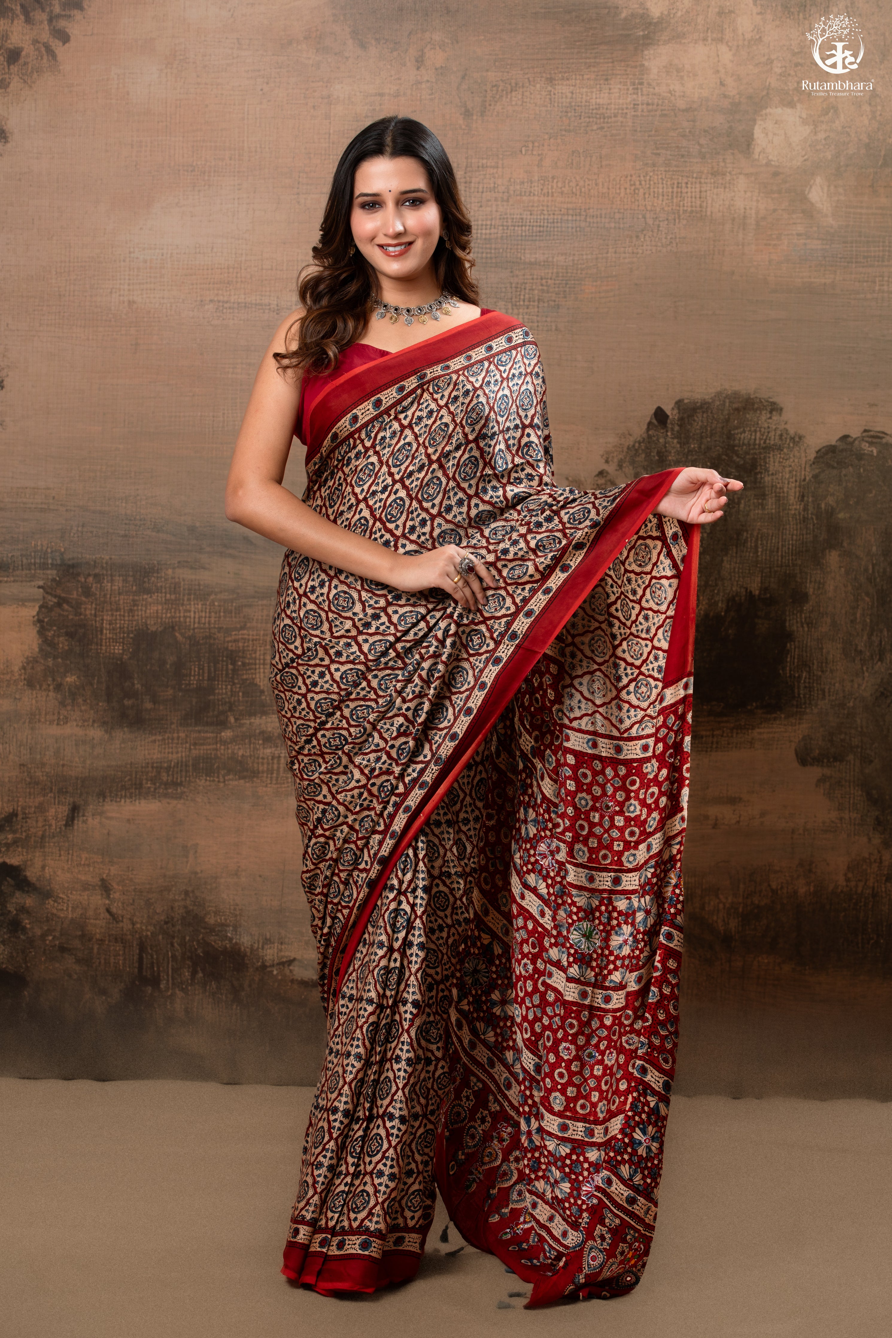 Ushraa - Deep Red Ajrakh Modal Silk Saree With Hand-Embroidered Pallu