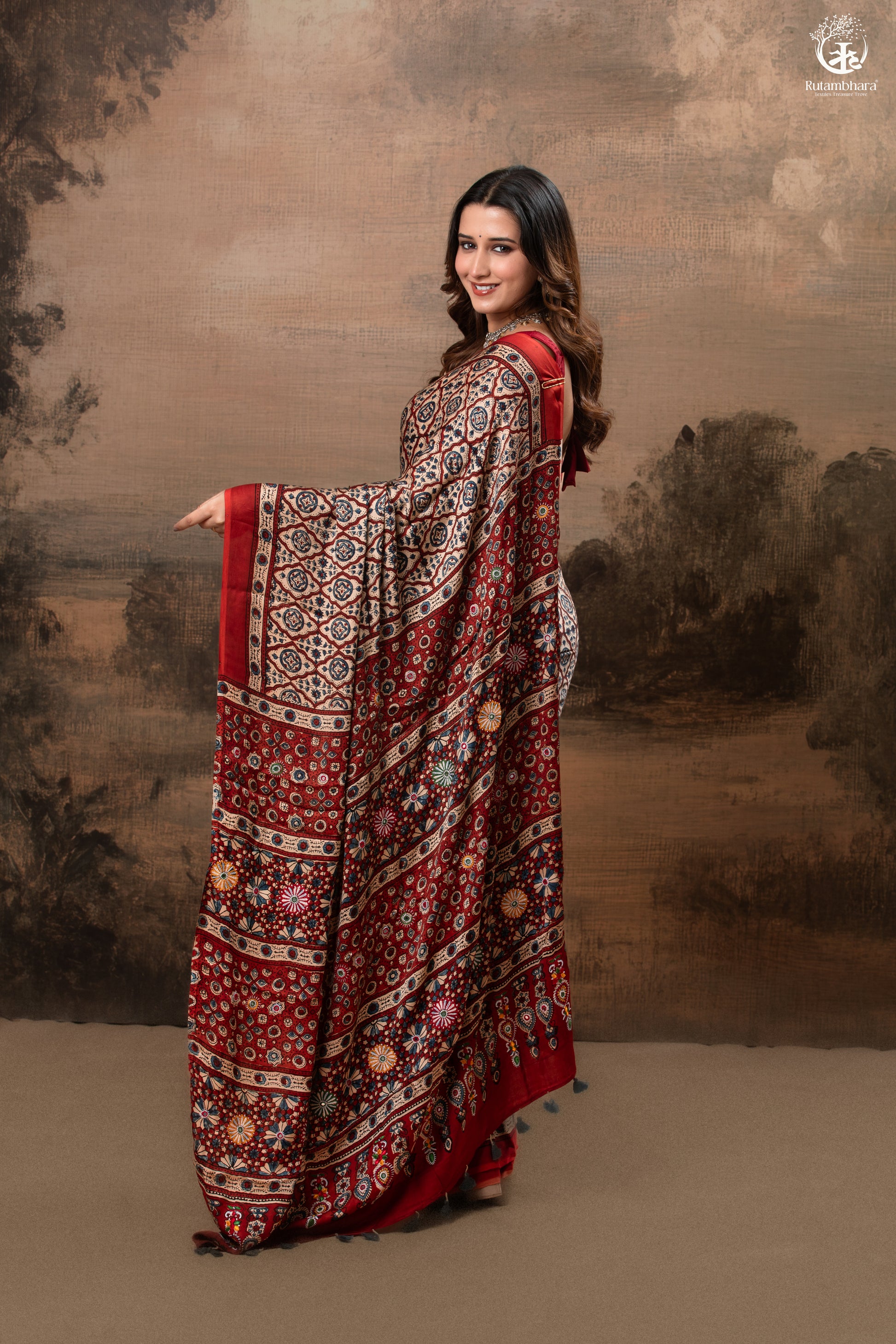 Ushraa - Deep Red Ajrakh Modal Silk Saree With Hand-Embroidered Pallu-RUTAMBHARA-RUTAMBHARA