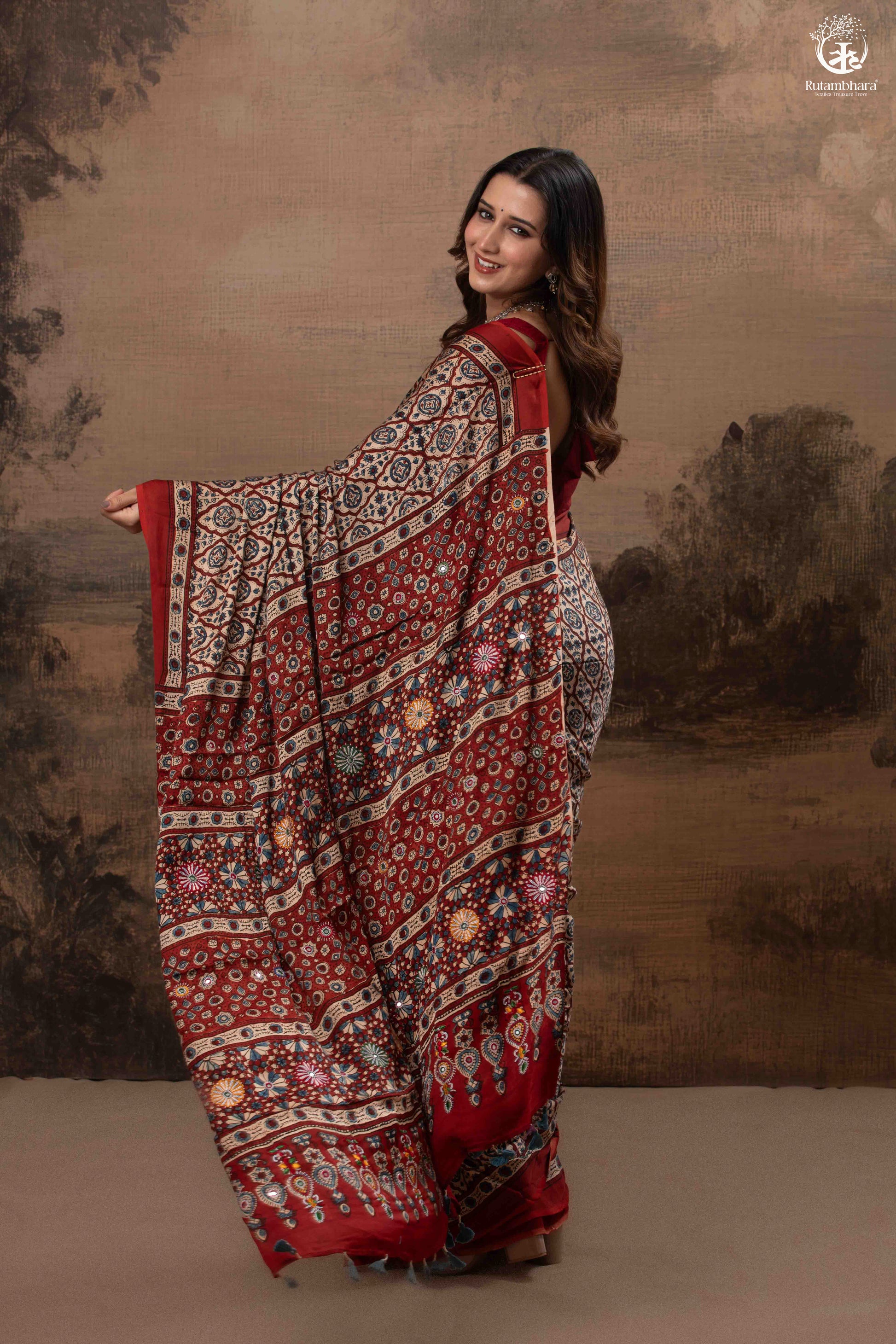 Ushraa - Deep Red Ajrakh Modal Silk Saree With Hand-Embroidered Pallu-RUTAMBHARA-RUTAMBHARA