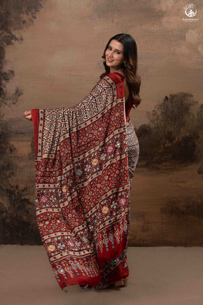 Ushraa - Deep Red Ajrakh Modal Silk Saree With Hand-Embroidered Pallu-RUTAMBHARA-RUTAMBHARA