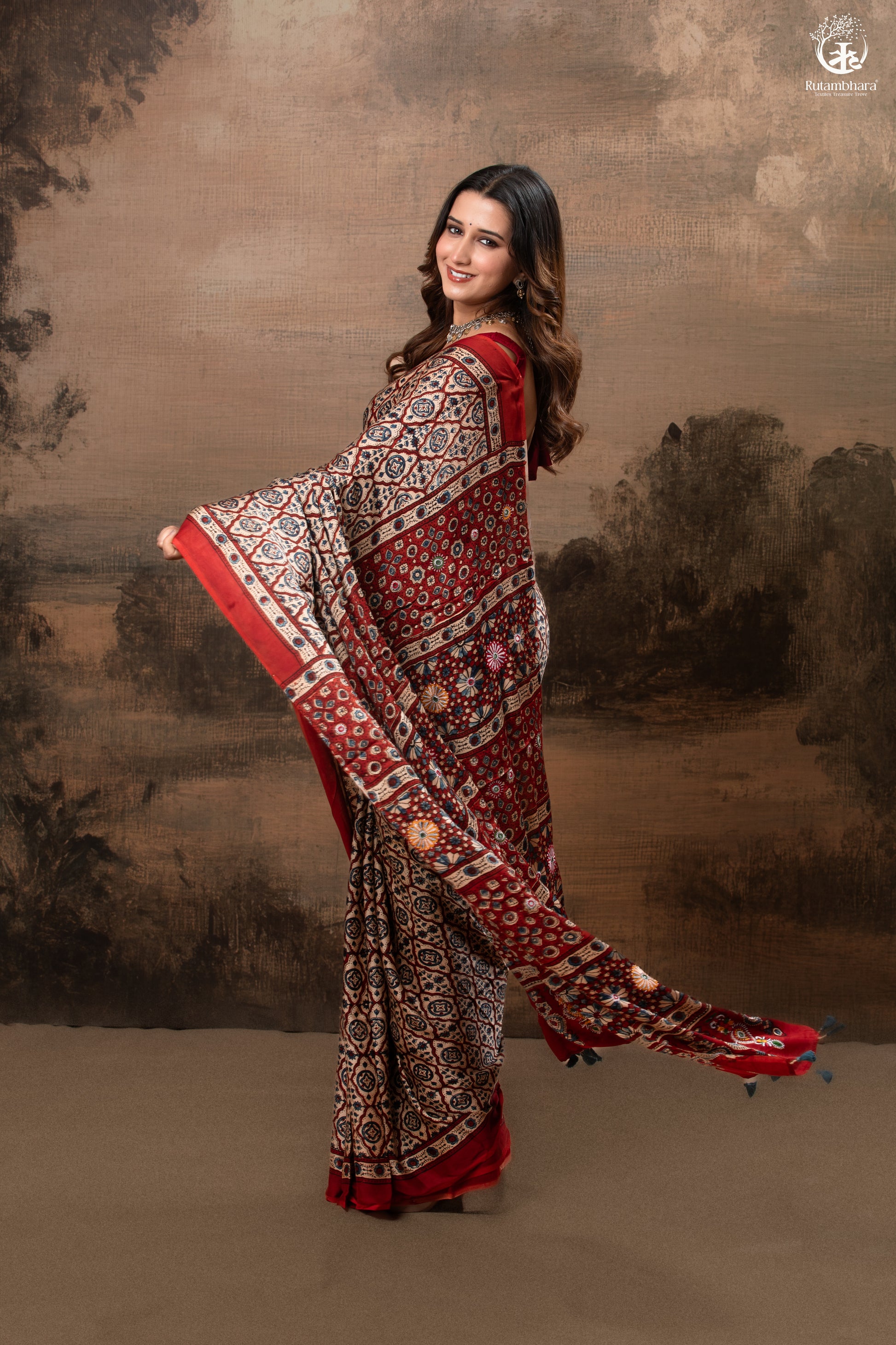 Ushraa - Deep Red Ajrakh Modal Silk Saree With Hand-Embroidered Pallu-RUTAMBHARA-RUTAMBHARA