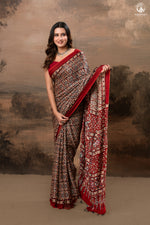 Ushraa - Deep Red Ajrakh Modal Silk Saree With Hand-Embroidered Pallu-RUTAMBHARA-RUTAMBHARA