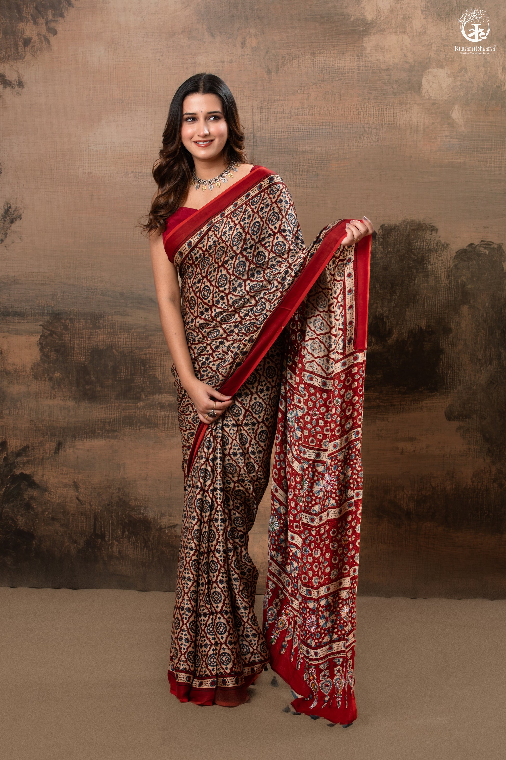 Ushraa - Deep Red Ajrakh Modal Silk Saree With Hand-Embroidered Pallu-RUTAMBHARA-RUTAMBHARA