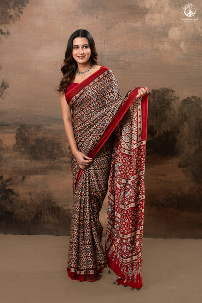 Ushraa - Deep Red Ajrakh Modal Silk Saree With Hand-Embroidered Pallu-RUTAMBHARA-RUTAMBHARA
