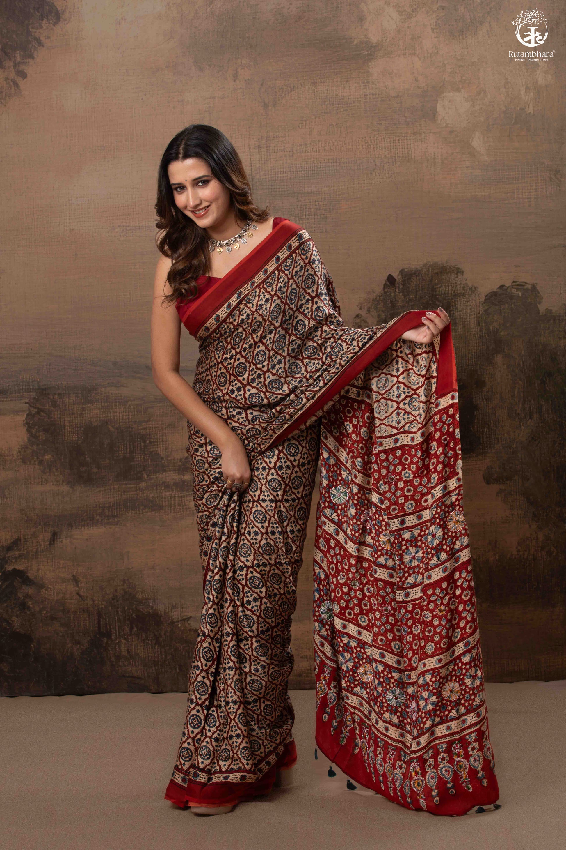 Ushraa - Deep Red Ajrakh Modal Silk Saree With Hand-Embroidered Pallu-RUTAMBHARA-RUTAMBHARA