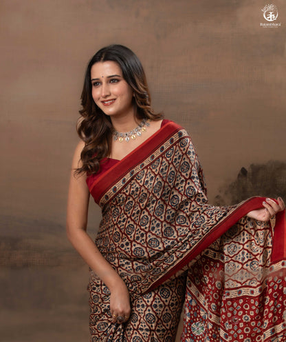 Ushraa - Deep Red Ajrakh Modal Silk Saree With Hand-Embroidered Pallu-RUTAMBHARA-RUTAMBHARA