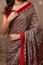 Ushraa - Deep Red Ajrakh Modal Silk Saree With Hand-Embroidered Pallu-RUTAMBHARA-RUTAMBHARA