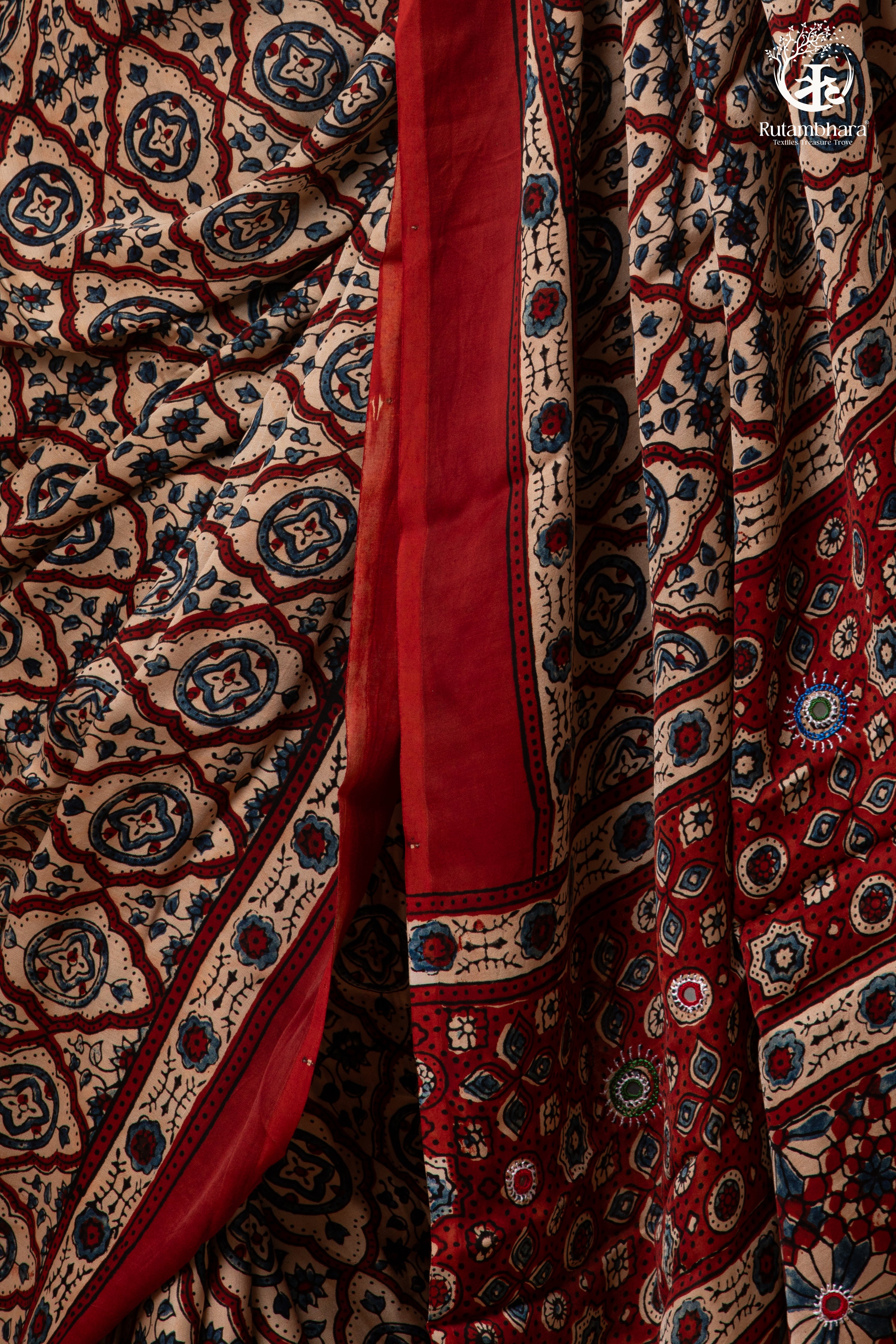 Ushraa - Deep Red Ajrakh Modal Silk Saree With Hand-Embroidered Pallu