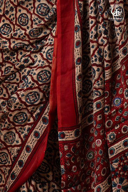 Ushraa - Deep Red Ajrakh Modal Silk Saree With Hand-Embroidered Pallu-RUTAMBHARA-RUTAMBHARA