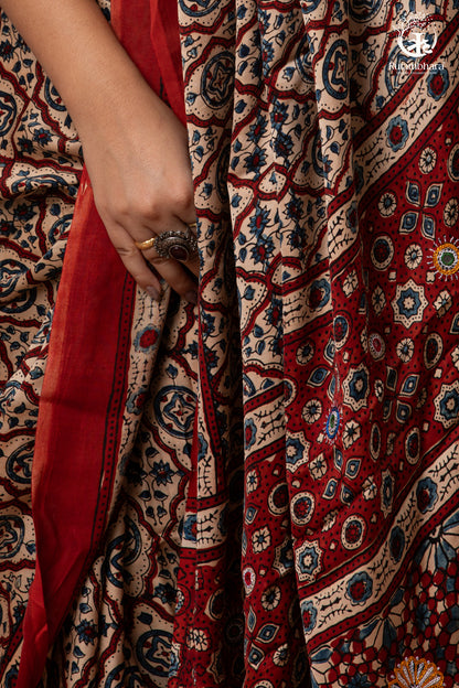 Ushraa - Deep Red Ajrakh Modal Silk Saree With Hand-Embroidered Pallu-RUTAMBHARA-RUTAMBHARA