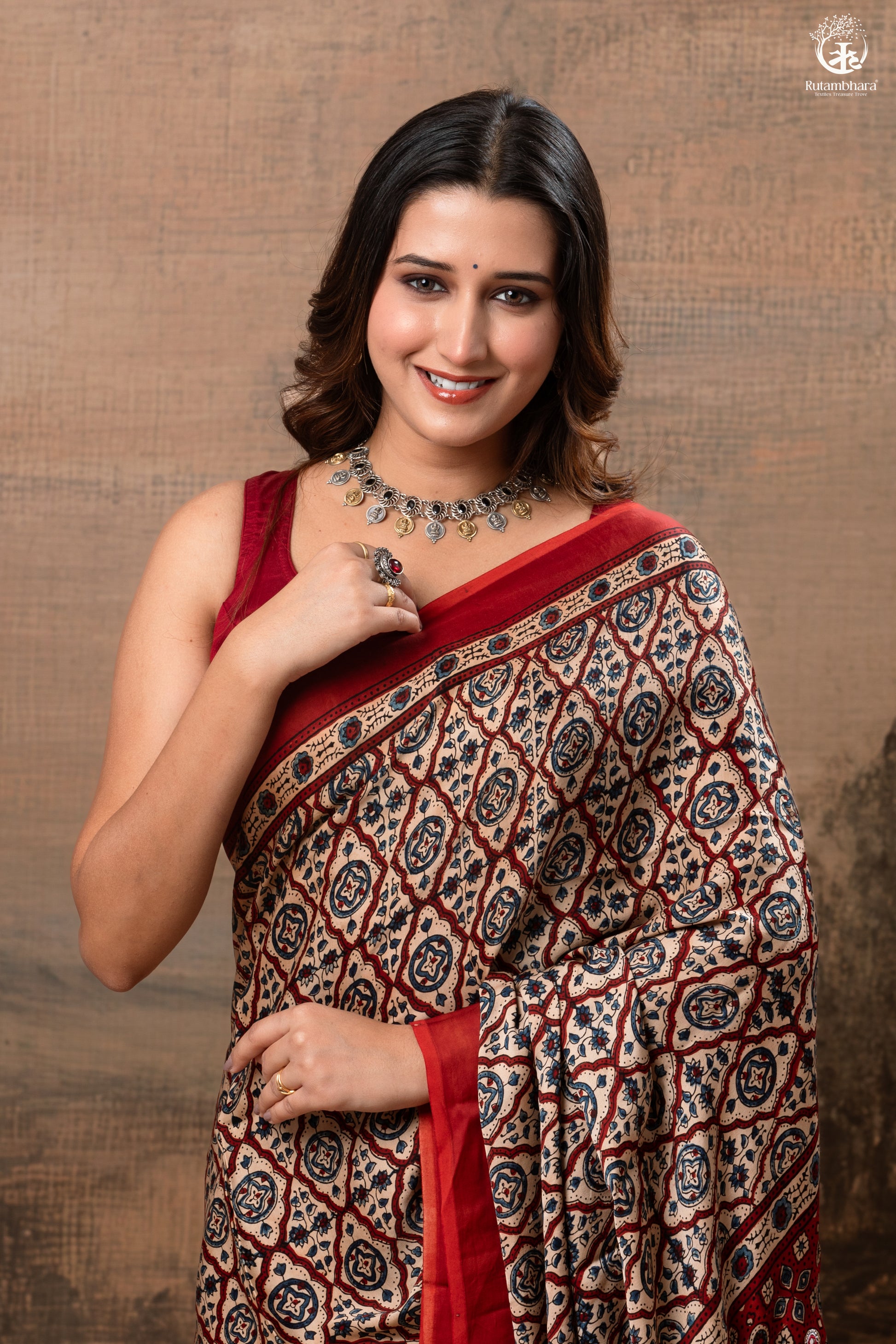 Ushraa - Deep Red Ajrakh Modal Silk Saree With Hand-Embroidered Pallu-RUTAMBHARA-RUTAMBHARA