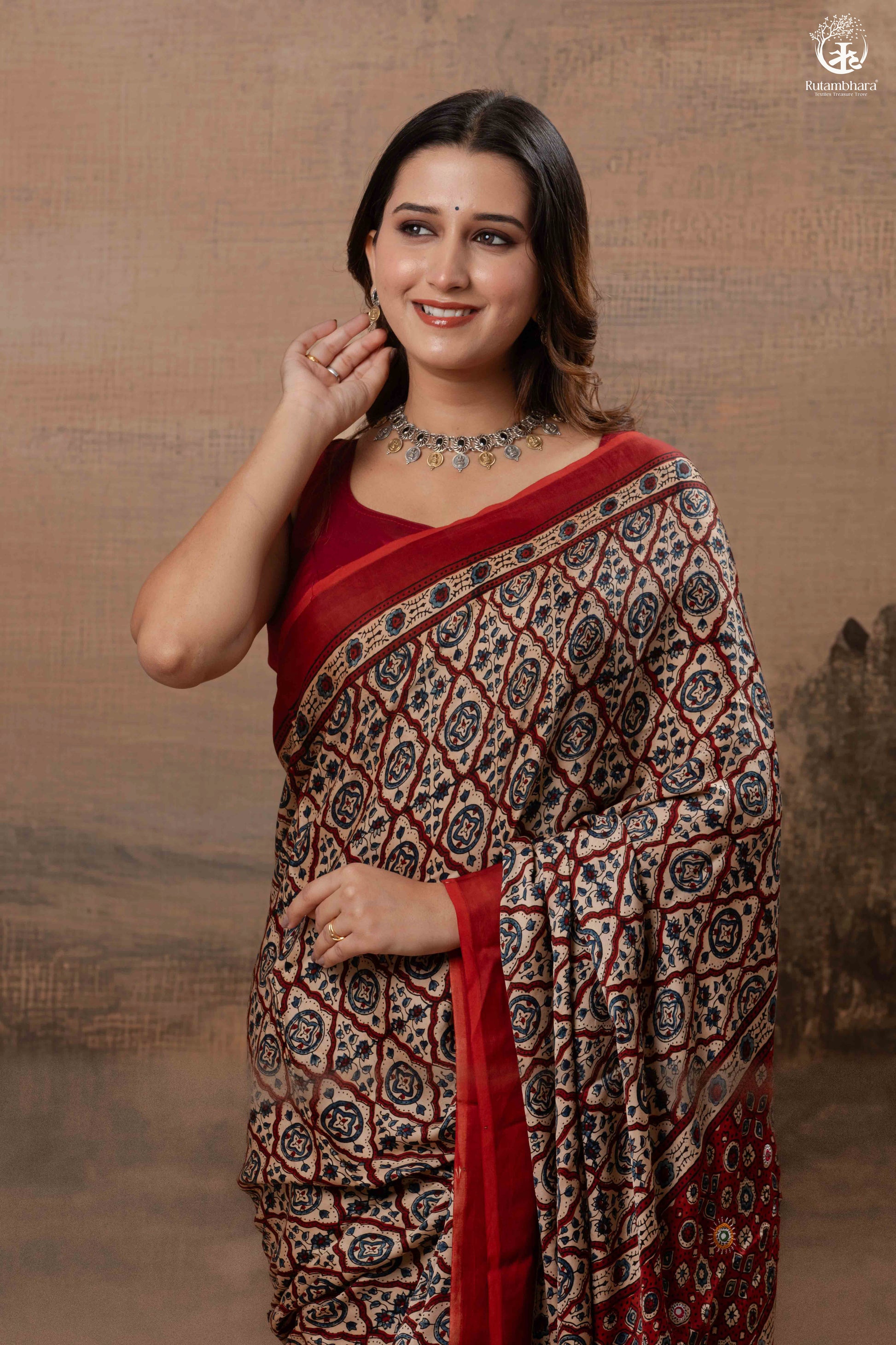 Ushraa - Deep Red Ajrakh Modal Silk Saree With Hand-Embroidered Pallu-RUTAMBHARA-RUTAMBHARA