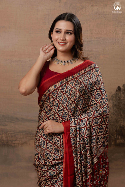 Ushraa - Deep Red Ajrakh Modal Silk Saree With Hand-Embroidered Pallu-RUTAMBHARA-RUTAMBHARA