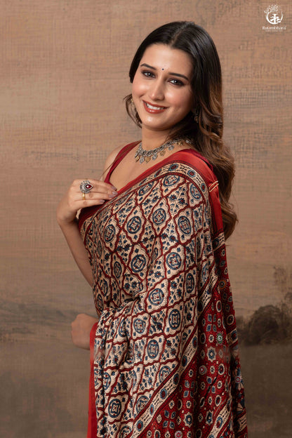 Ushraa - Deep Red Ajrakh Modal Silk Saree With Hand-Embroidered Pallu-RUTAMBHARA-RUTAMBHARA